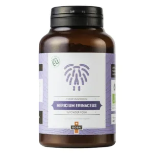 Ekološko prehransko dopolnilo Hericium erinaceus v prahu – GOBA® resasti bradovec (levja griva) v 100 % čisti obliki.